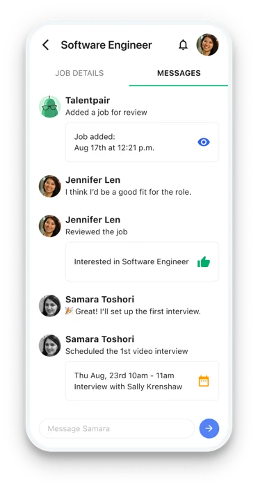 Mobile phone showing the message feed of the Talentpair app.